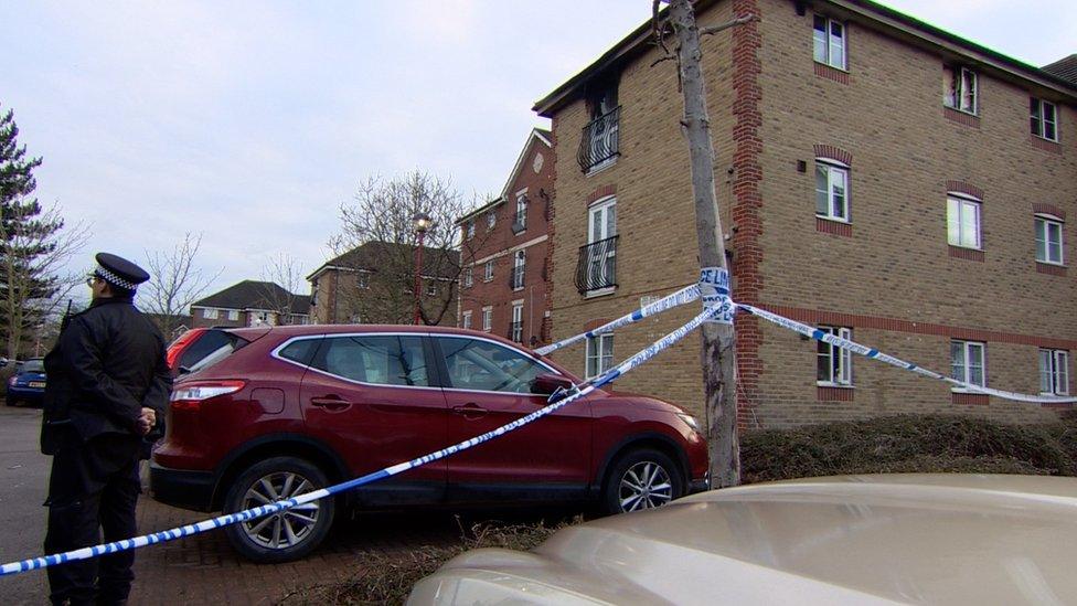 The scene at a top floor flat in Barking where a boy has died and four people have been taken to hospital.