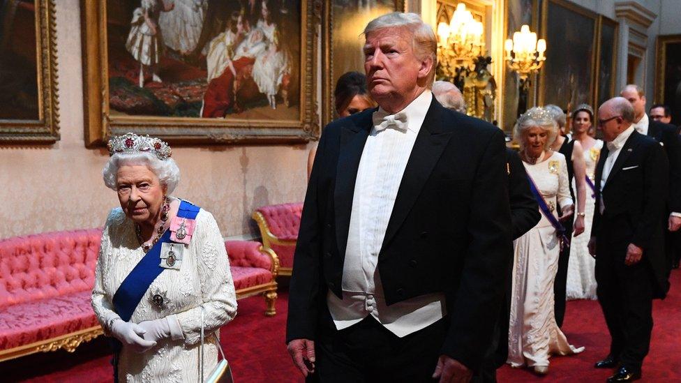 The Queen and Donald Trump arriving for the state banquet