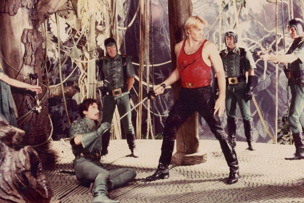 Actors Sam J Jones and Timothy Dalton in a scene from the film Flash Gordon, 1980.