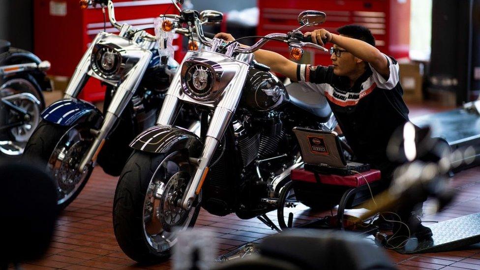 Harley-Davidson motorbikes at a dealership in Shanghai