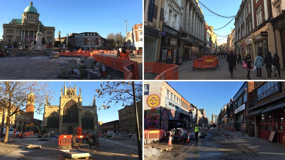 Hull, clockwise from top left: Queen Victoria Square, Whitefriargate, Humber Street, Holy Trinity Square