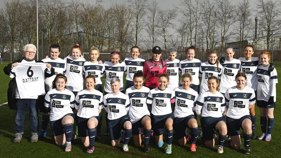 Scottish crime writer Val Mcdermid (L) is pictured with the team as Raith Rovers' women's team makes its debut under the new name of McDermid Ladies