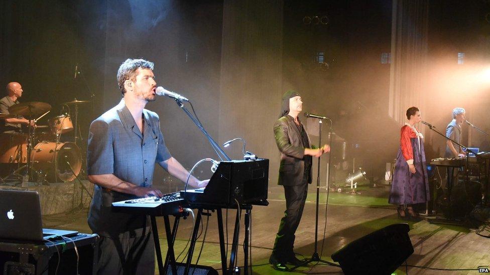 A picture made available by the Korean Central News Agency (KCNA) shows members of the Laibach Band of Slovenia perform at the Ponghwa Art Theatre in Pyongyang, North Korea, 19 August 2015.
