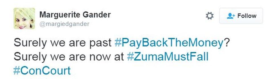 tweet reading "surely we are past pay back the money surely we are now at ZumaMustFall?"