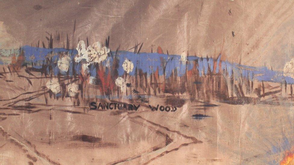 'Sanctuary Wood' showing destroyed trees on the canvas