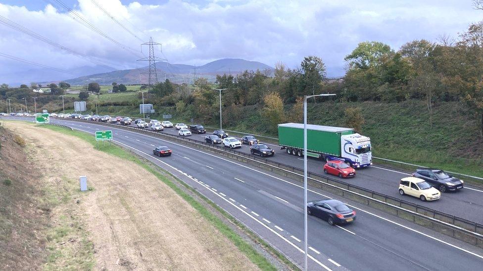 Traffic on the A55 approaching Britannia Bridge on Friday evening