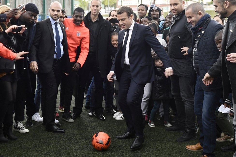 Emmanuel Macron plays football in Sarcelles, Paris, 27 April