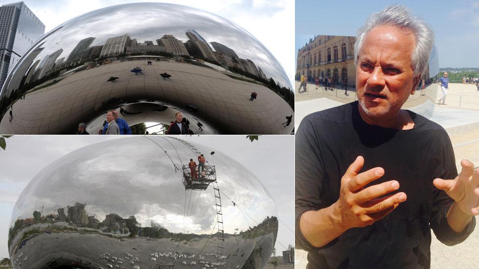 Anish Kapoor beside the real Cloud Gate (top) and the alleged copy