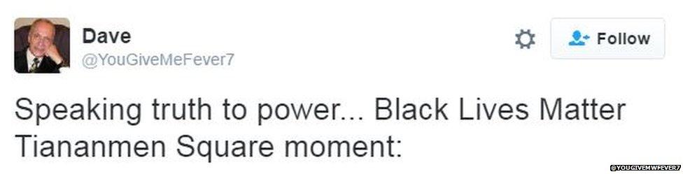 Tweet saying: Blacklivematter Tiananmen Square moment