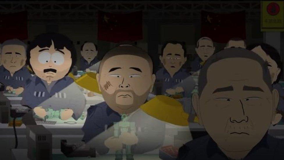 A still from South Park. Prisoners are making toys in grim conditions