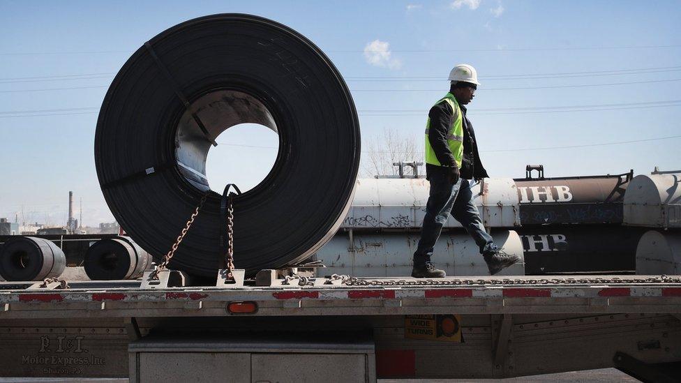 Steel is loaded onto a truck for shipping at the NLMK Indiana steel mill on March 15, 2018 in Portage, Indiana.