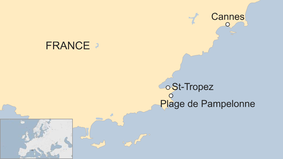 Map shows the location of Pampelonne beach near St Tropez, southern France