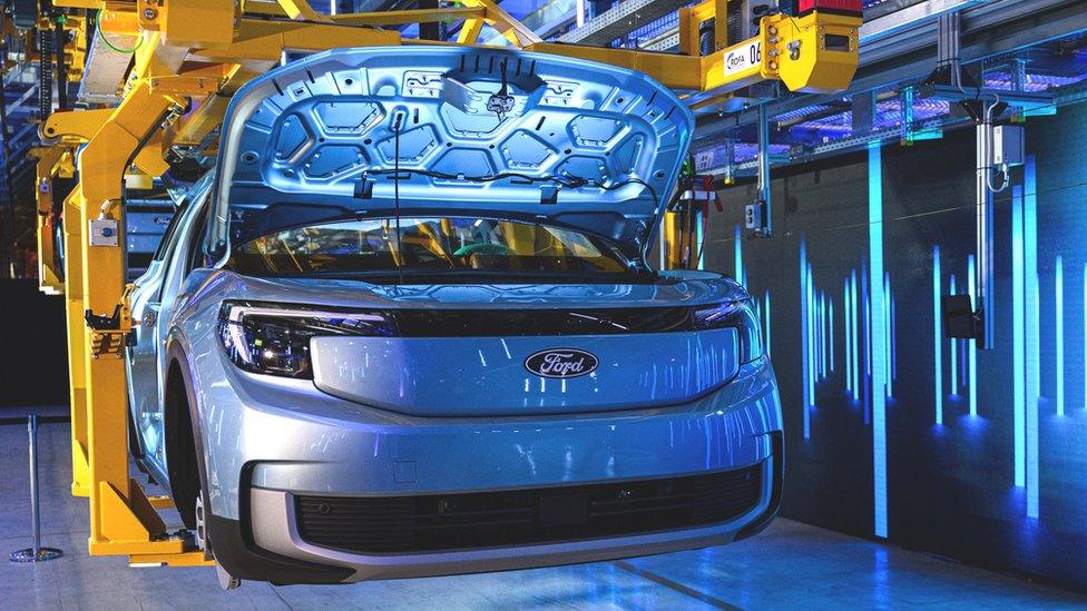 A electric Ford Explorer on the electric car production line at the Ford automobile factory on June 12, 2023 in Cologne, Germany.