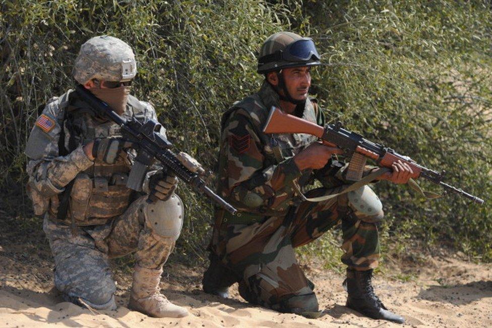 Indian and US soldiers participate in the Yudh Abhyas 2012 military exercise at Mahajan in Rajasthan sector, some 150 kms. from Bikaner, on March 13, 2012.