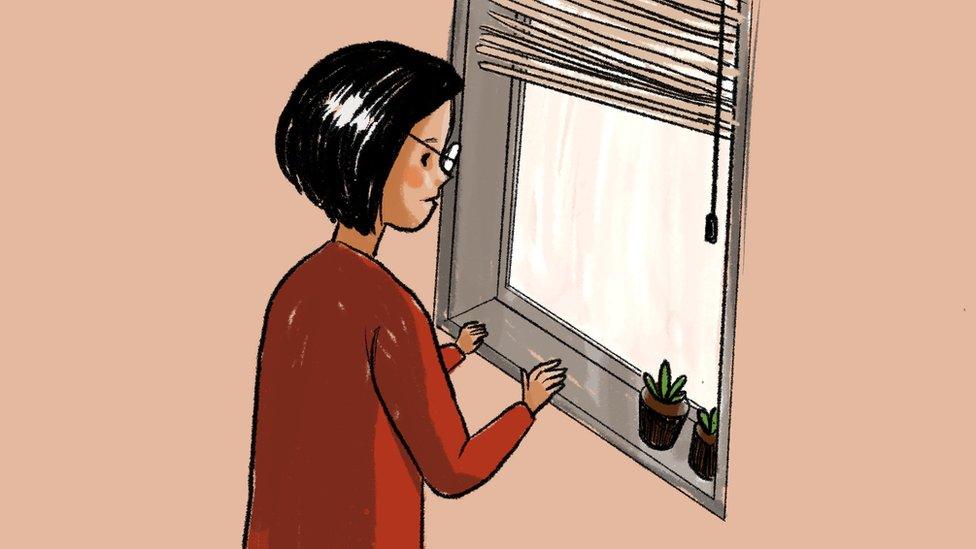 Illustration of a woman looking out of a window