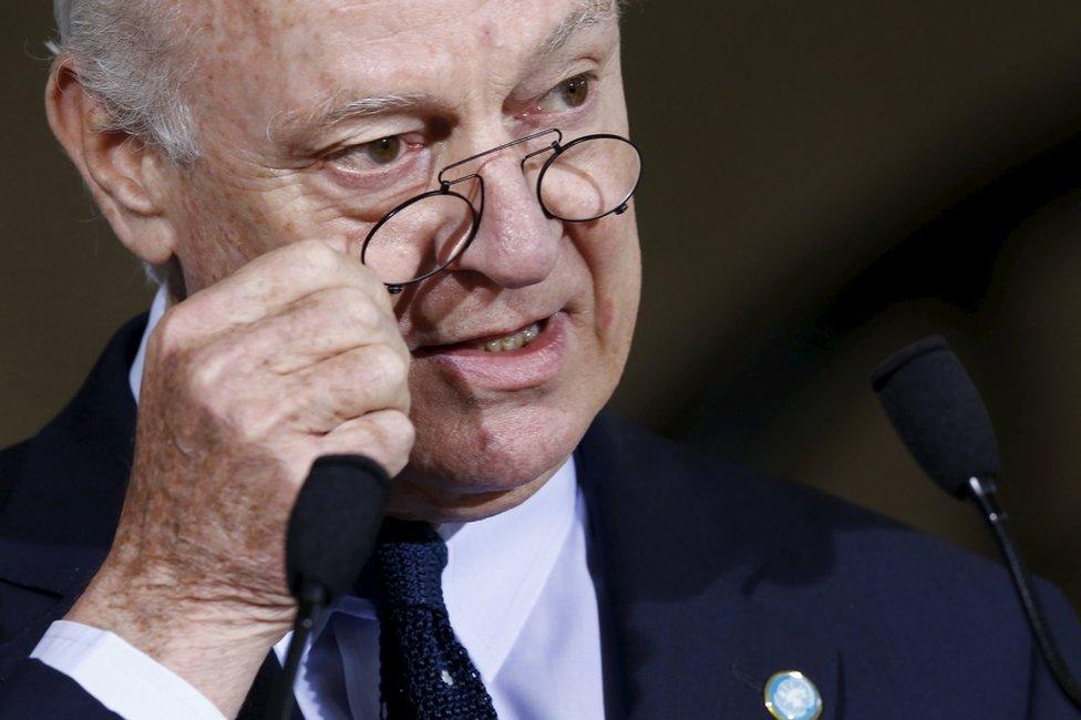 UN special envoy to Syria Staffan de Mistura addresses a news conference in Geneva on 18 April 2016