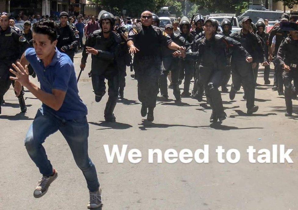 An activist running away from police - with 'We need to talk' superimposed