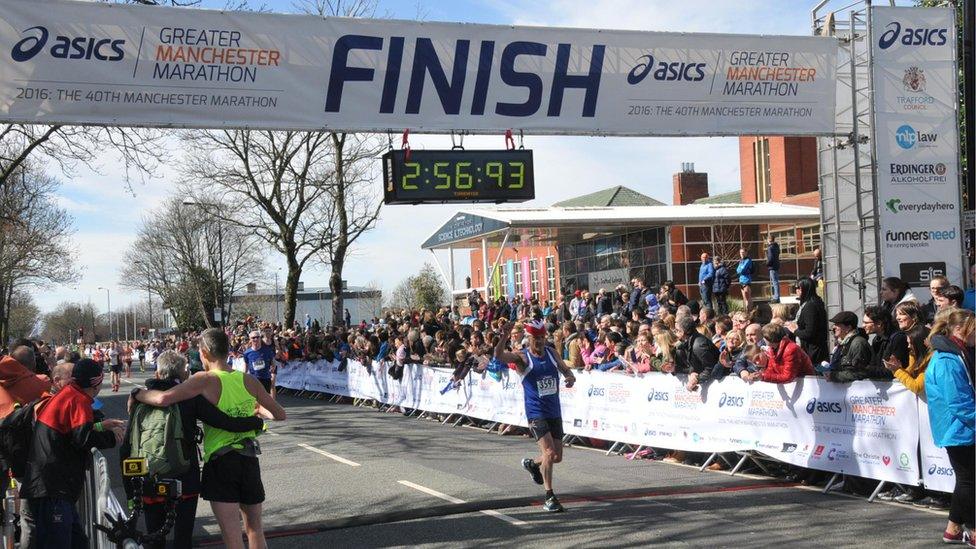 Martin Chorley finishes the Manchester Marathon 2016