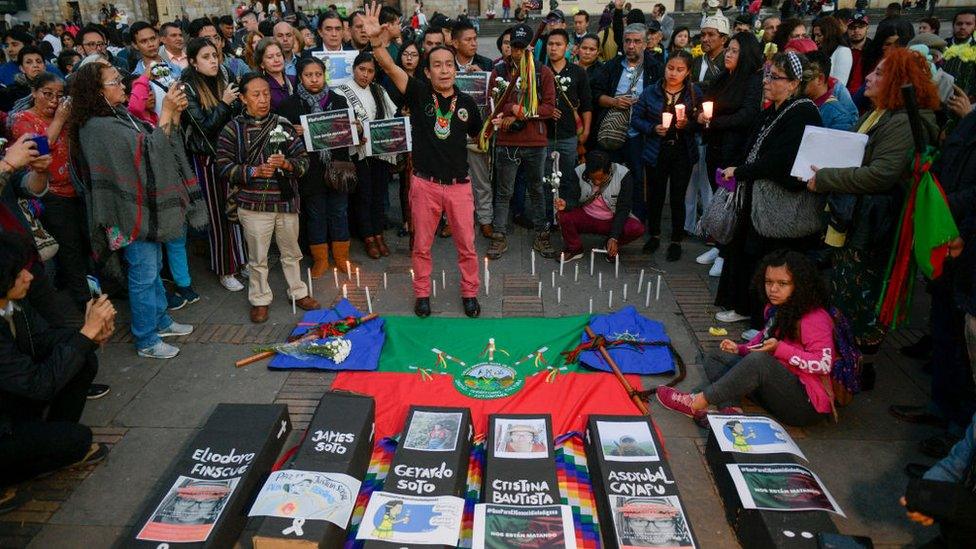 Ceremony at Bolivar square in Bogota for indigenous leader killed, in October 2019