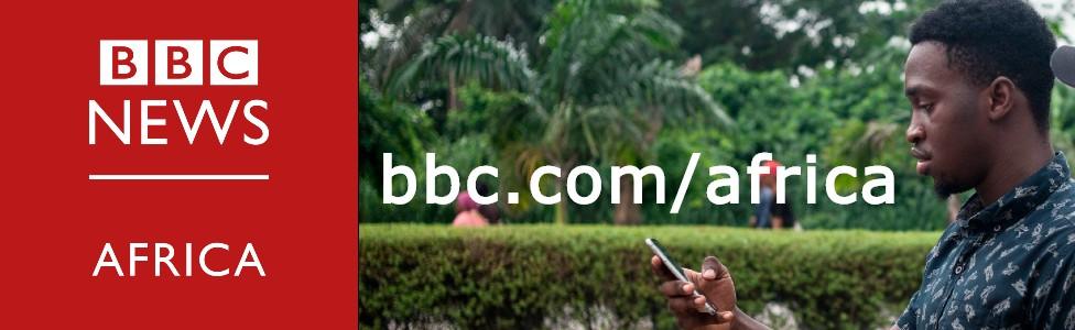 A composite image showing the BBC Africa logo and a man reading on his smartphone.