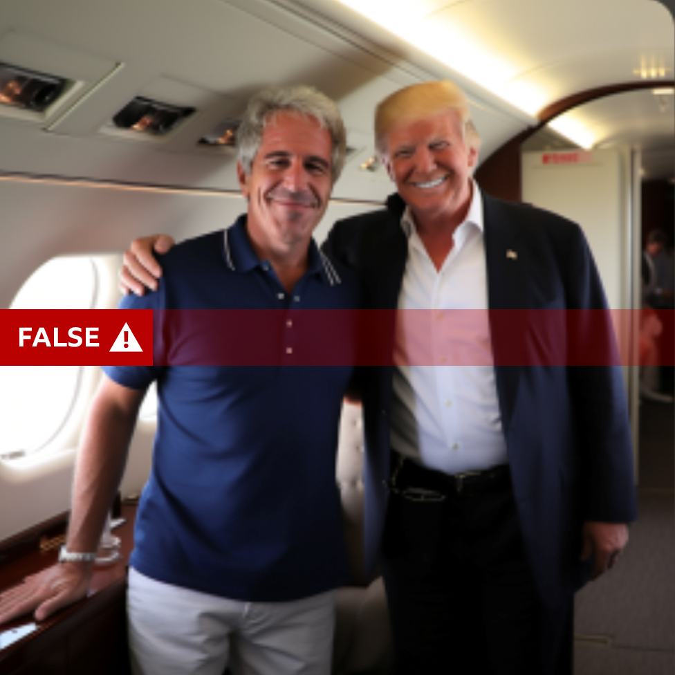 A fake photo showing Donald Trump and Jeffery Epstein. It was created using Midjourney and the prompt: "A variant of paparazzi photo of Donald Trump and Jeffery Epstein on a private jet"