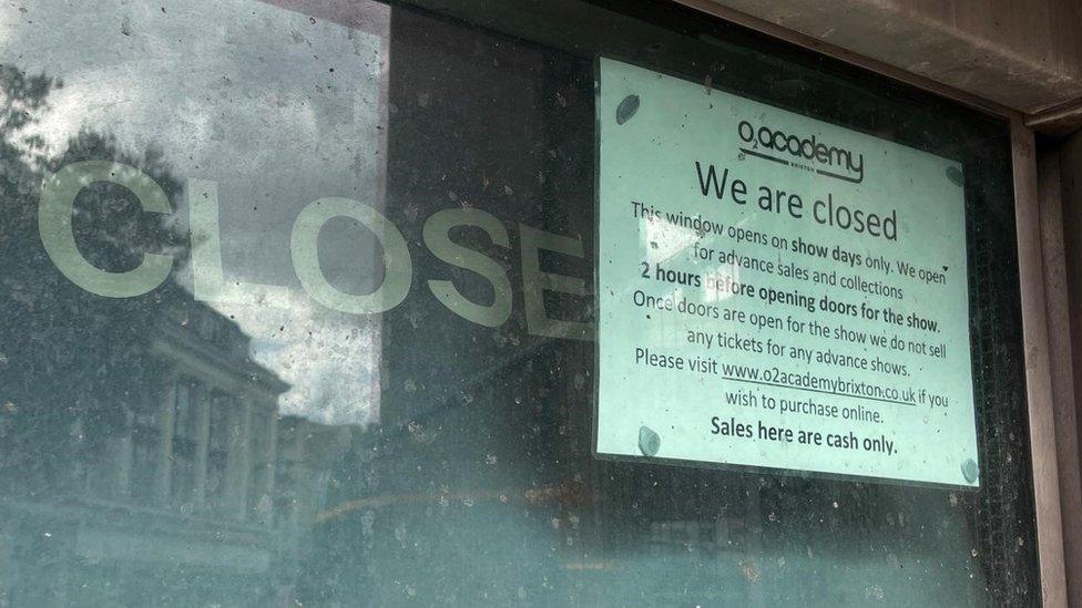 Closed sign on the O2 Academy Brixton's window