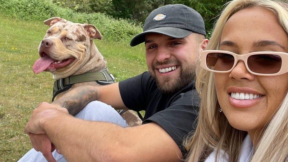 A man in a black baseball cap with Dickies horseshoe logo and a black t-shirt sits on grass next to a blonde woman wearing sunglasses with salmon pink frames and dark lenses. With them is a large XL bully dog. It's a tan colour with black marks and is wearing a harness. Its long tongue is sticking out.