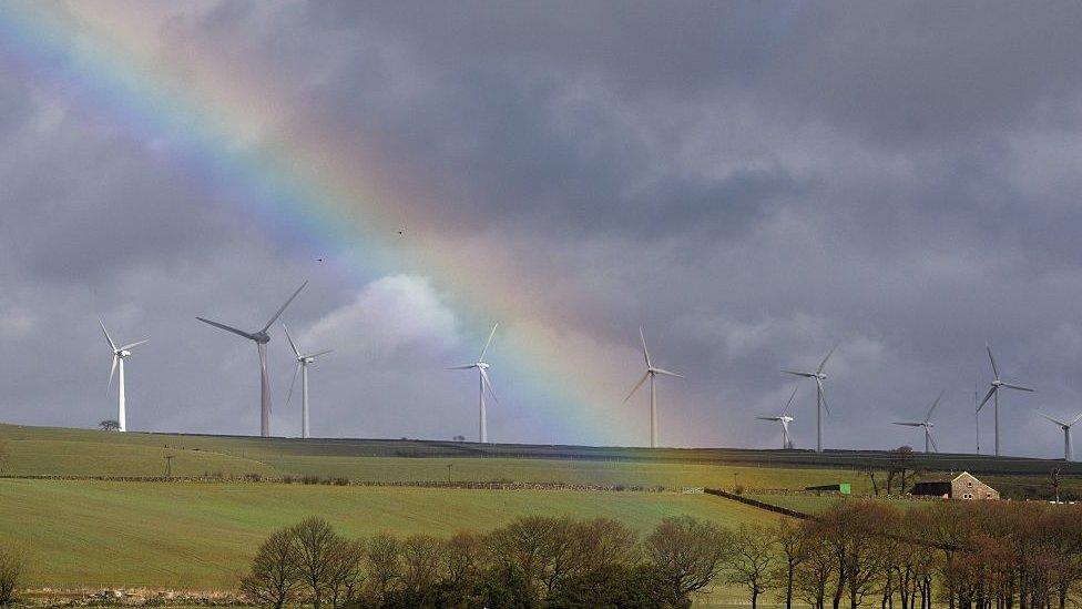 wind turbines with rainbow in the background