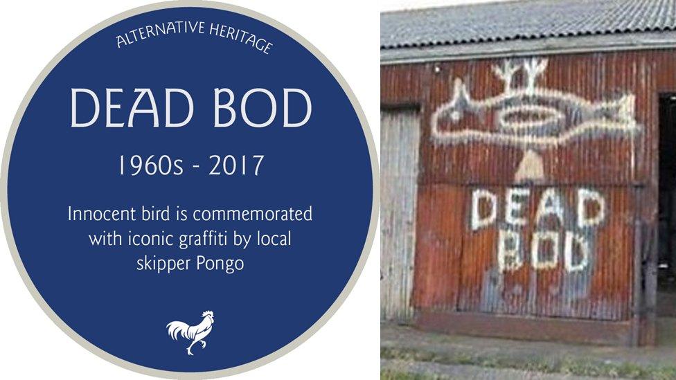 Dead Bod plaque and image of original graffiti