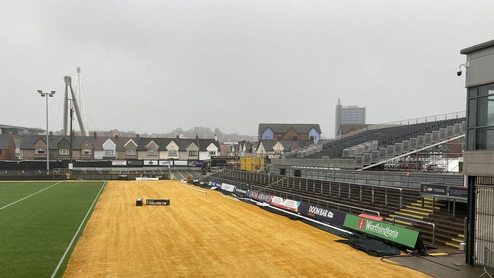 A temporary stand at Rodney Parade