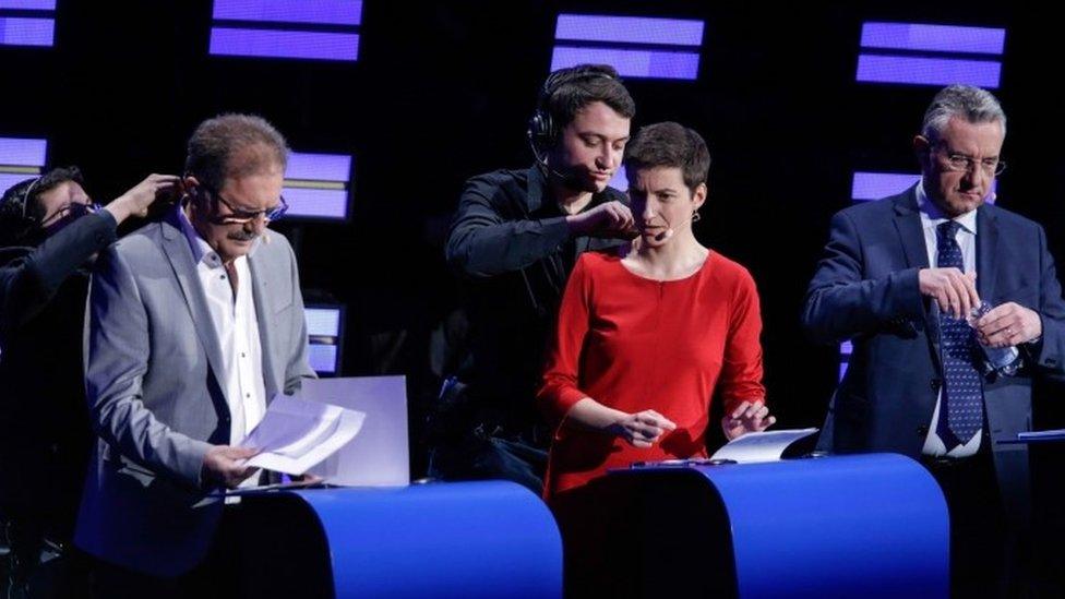 Nico Cue of European Left (EL), German Ska Keller of European Green Party (EGP), and conservative Czech Jan Zahradil get ready for the debate