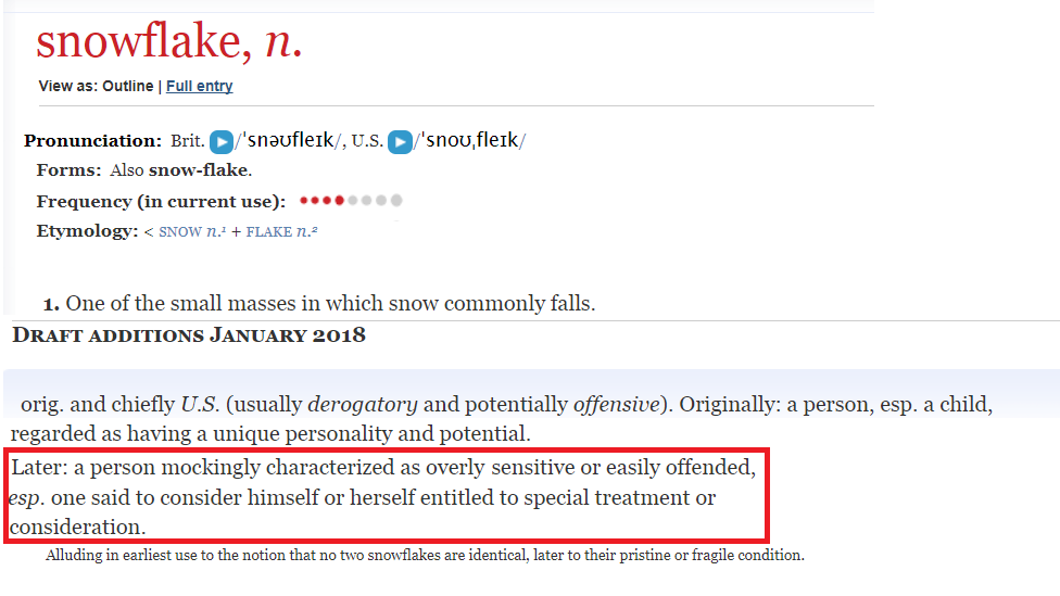 Screengrab of the definition of 'Selfy' from the Oxford English Dictionary "a person mockingly characterized as overly sensitive or easily offended, esp. one said to consider himself or herself entitled to special treatment or consideration".