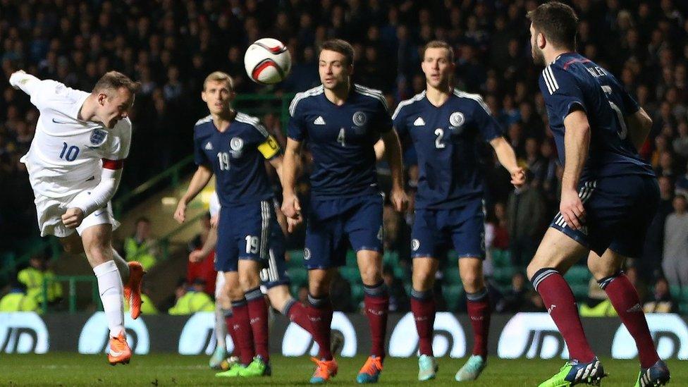 Wayne Rooney scores v Scotland in 2014