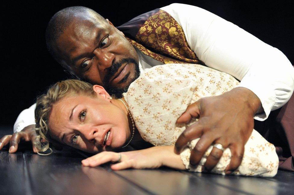 Lenny Henry as Othello and Jessica Harris as Desdemona in William Shakespeare's Othello at the Trafalgar Studios in London