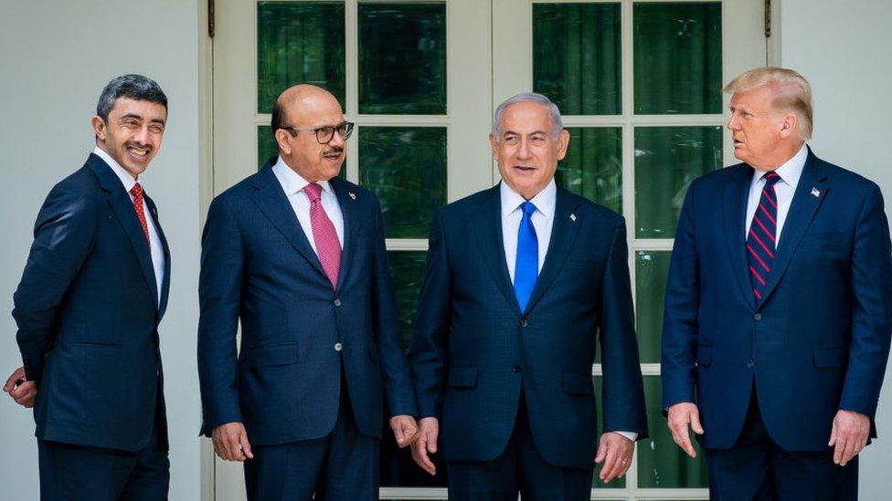 Israeli Prime Minister Benjamin Netanyahu (2nd R), UAE Foreign Minister Abdullah bin Zayed Al Nahyan (L) and Bahrain Foreign Minister Abdullatif bin Rashid Al Zayani (2nd L) attend a signing ceremony for the agreements on "normalization of relations" reached between Israel, the United Arab Emirates (UAE) and Bahrain at the White House in Washington, United States on September 15, 2020