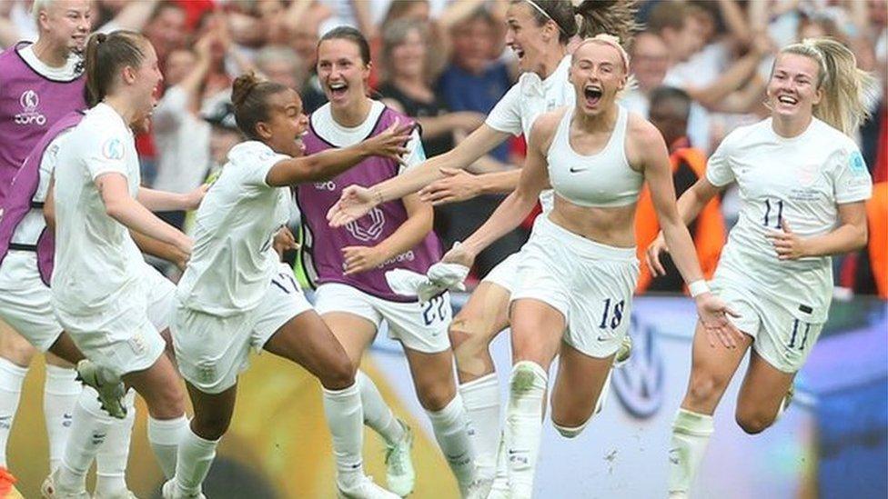 Chloe Kelly celebrates scoring England's winner against Germany in the Euro 2022 final at Wembley