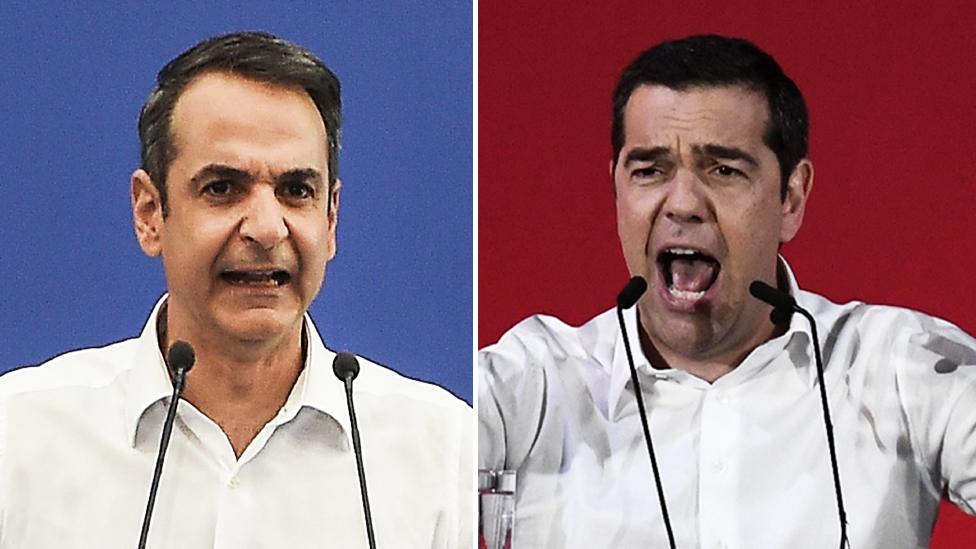 New Democracy party leader Kyriakos Mitsotakis (left) and Greek PM Alexis Tsipras