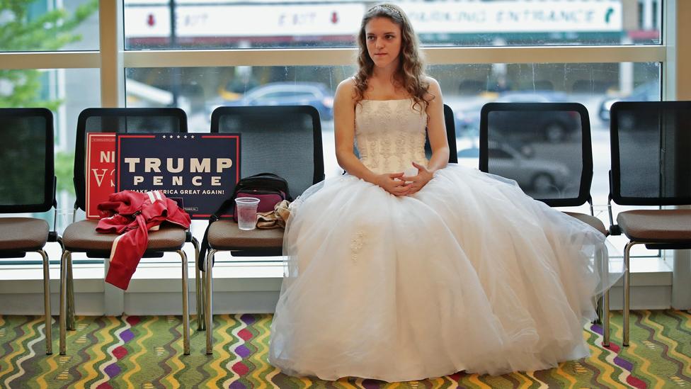 Singer Anastasia Lee waits for the start of a Trump campaign rally in Green Bay, Wisconsin - 17 October 2016