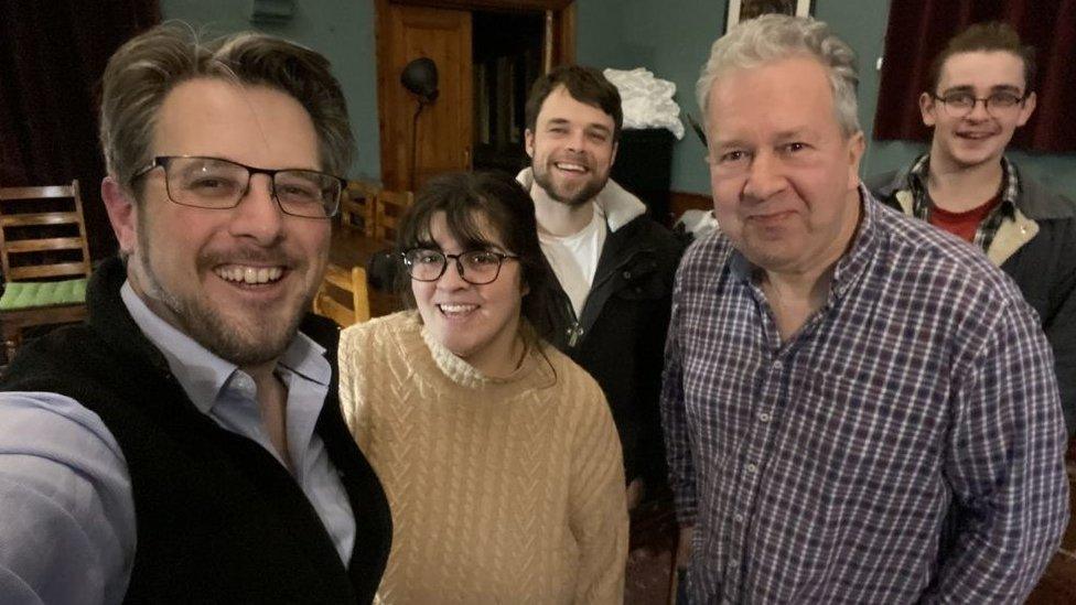 L-r, director of photography John E Fry, 1st Assistant director Angela Hughes, lead actor Connor Wulfric, director Richard Bazley, boom operator and photographer Caspar Hubbuck-WHitehall