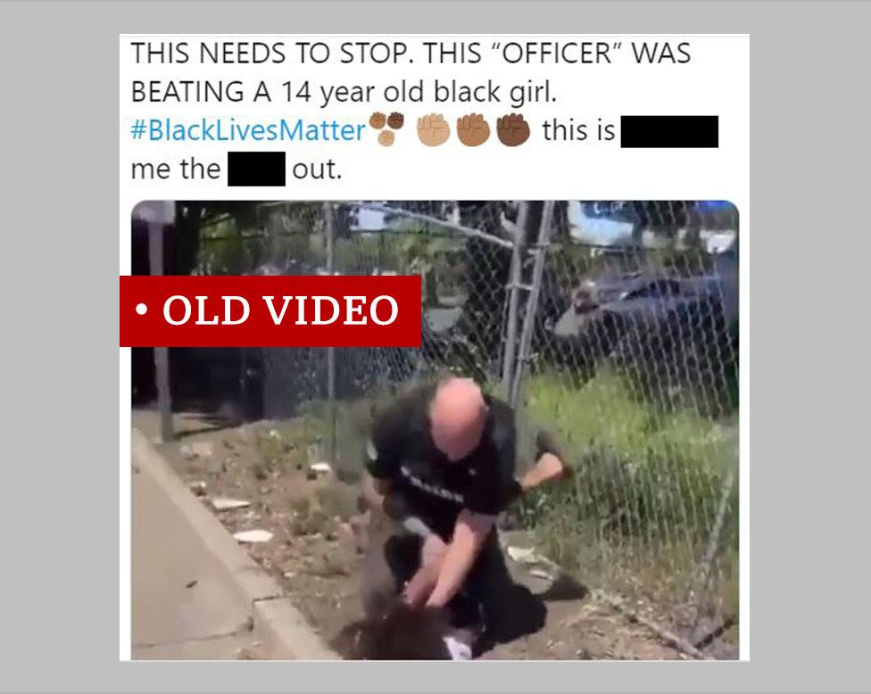 Screenshot of a Tweet showing a video from April of a boy being arrested. The Tweet is misleading and says it involves a girl and does not indicate that the incident happened before the current wave of protests