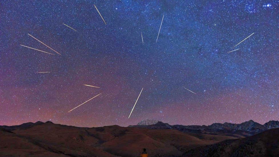 person stares up a sky dashed with the white lines of meteors and lots of stars