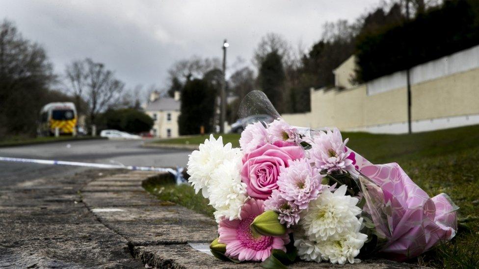 Flowers were left outside the Greenvale Hotel in Cookstown on Monday