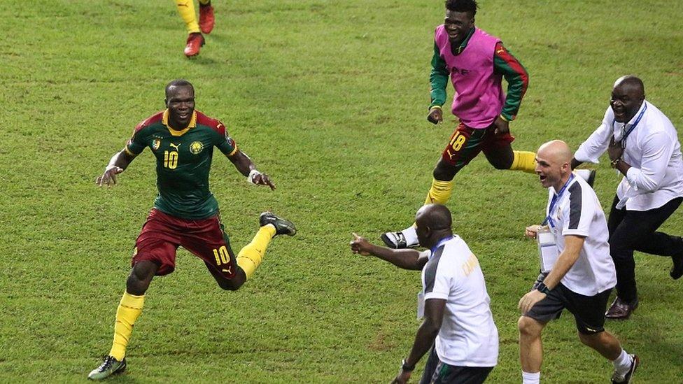 Cameroon players celebrate Vincent Aboubakar's winner