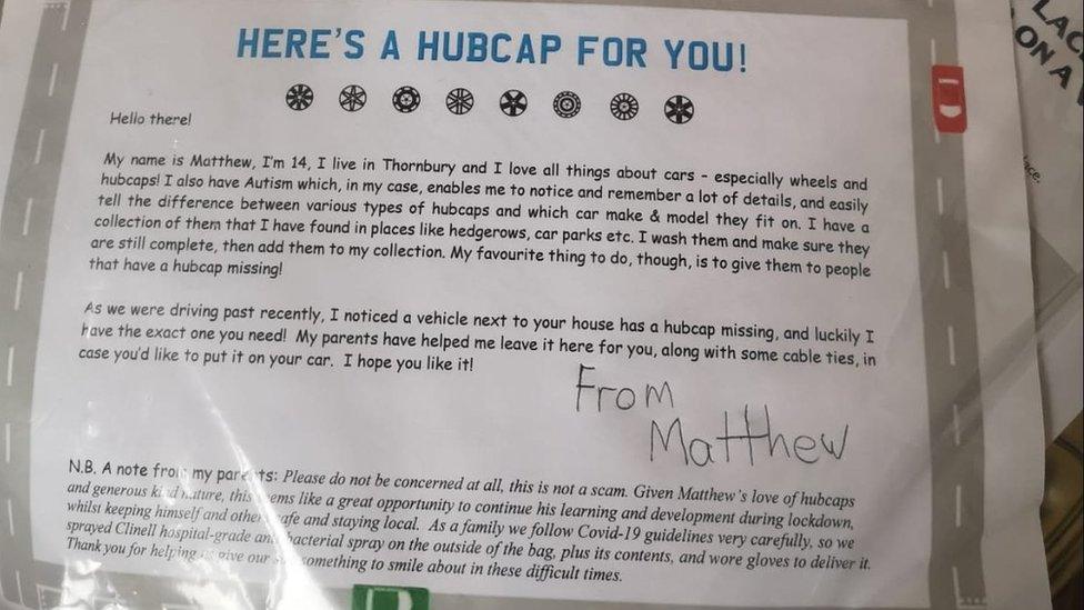 The note Matthew left when he dropped a hubcap off