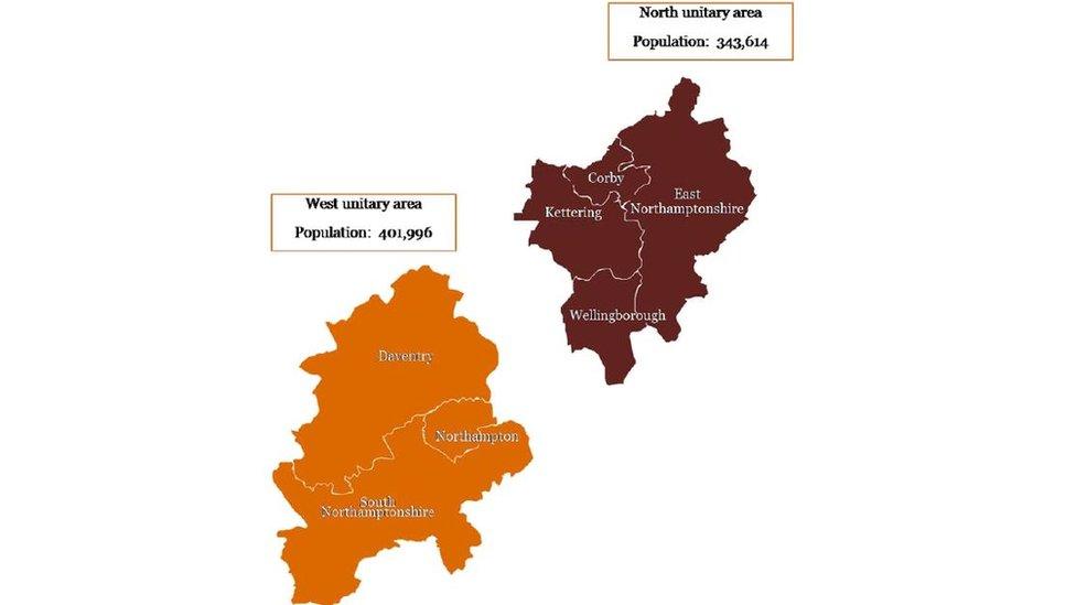 Map showing how the new councils will become two unitary authorities