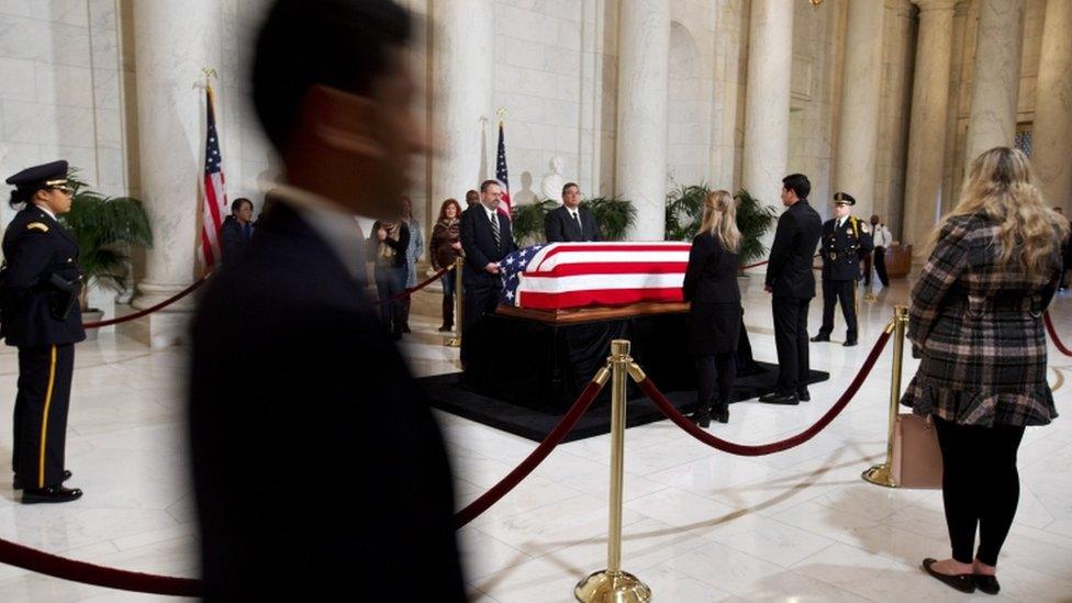 Scalia casket in repose at the Supreme Court, 19 Feb