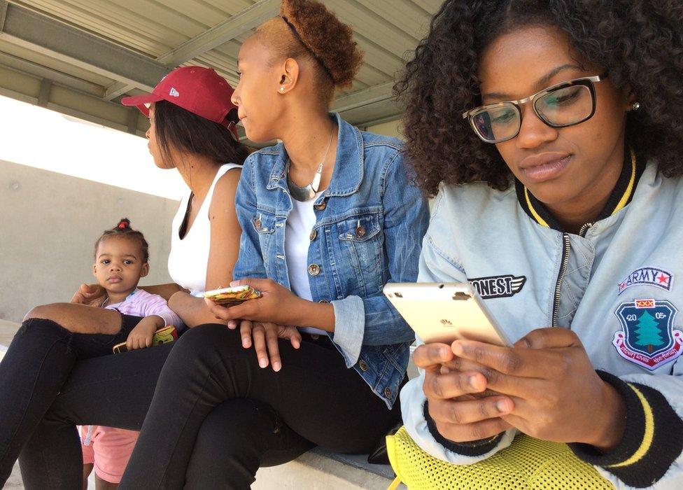 (from right) Sarah Mmadi, Razia Mohamed Zaki, Delphine Soumalia and little Delyha at a football match in La Busserine, 9 April