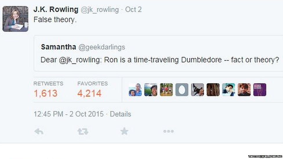 Twitter screengrab: Is Ron a time travelling Dumbledore - fact or theory? False theory JK Rowling posts