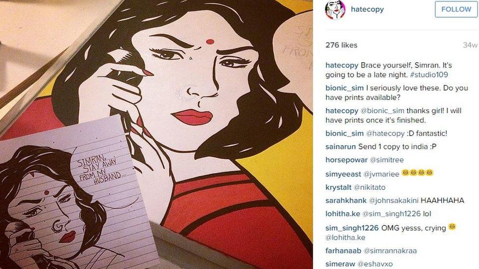 Instagram post showing a sketching on a notepad of a stern looking woman with a speech bubble stating 'Simran, stay away from my husband' and the bigger paint version. Comments from fans ask if prints are available.