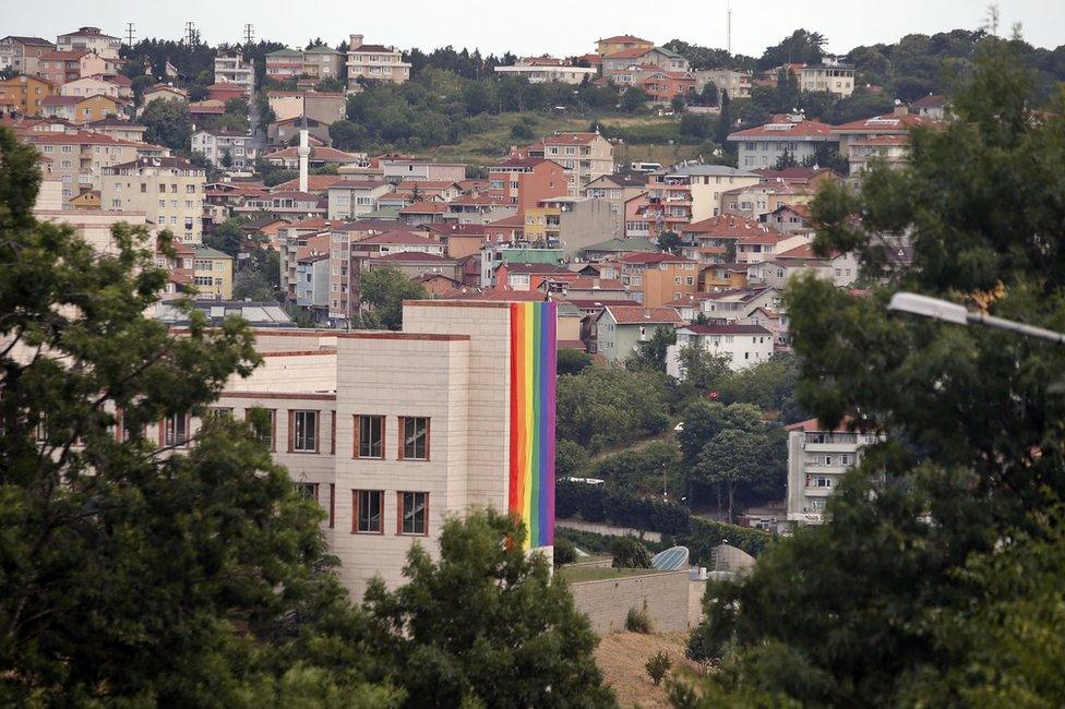 A gay rights flag on the wall of the US consulate in Istanbul, 14 June